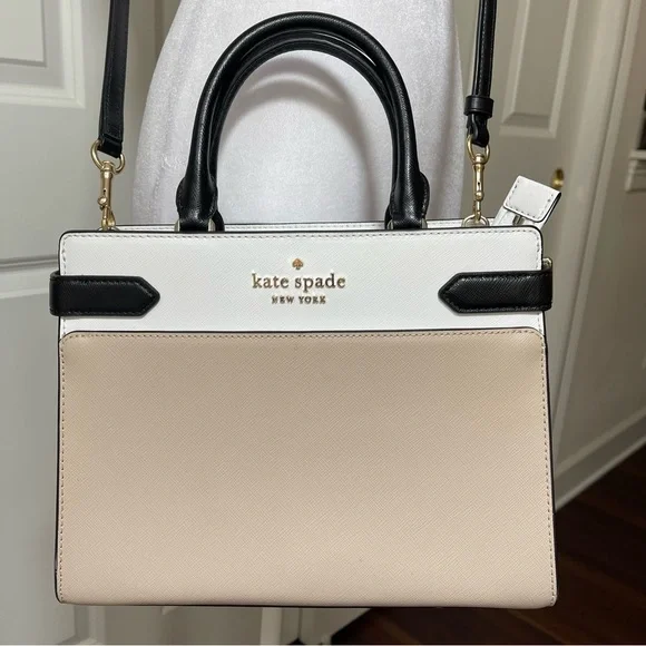 Kate Spade Staci Medium Satchel Crossbody Saffiano Leather Tan White Black - Picture 4 of 16